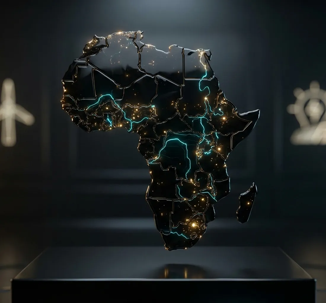 Obsidian raised-relief sculpture of the African continent with glowing gold energy nodes and cyan transmission pathways.