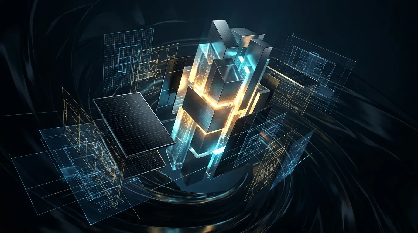 Abstract 3D visualization of fragmented technical and contractual elements converging into a single luminous structure.
