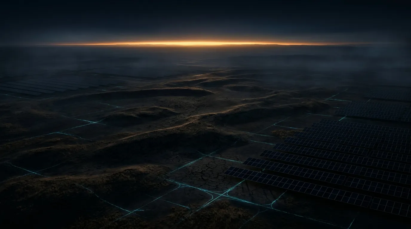 Dark African landscape at dawn with a golden sunrise on the horizon, faint energy grid lines glowing across the terrain, and rows of solar panels emerging from shadow. Conceptual visualization.