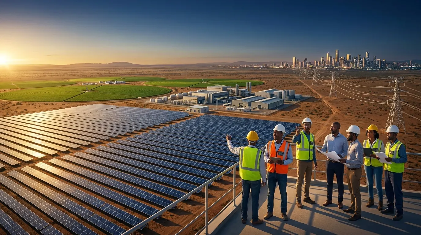 African engineers at golden hour reviewing a utility-scale solar farm, with agriculture, industry, and a city skyline beyond. Conceptual visualization.